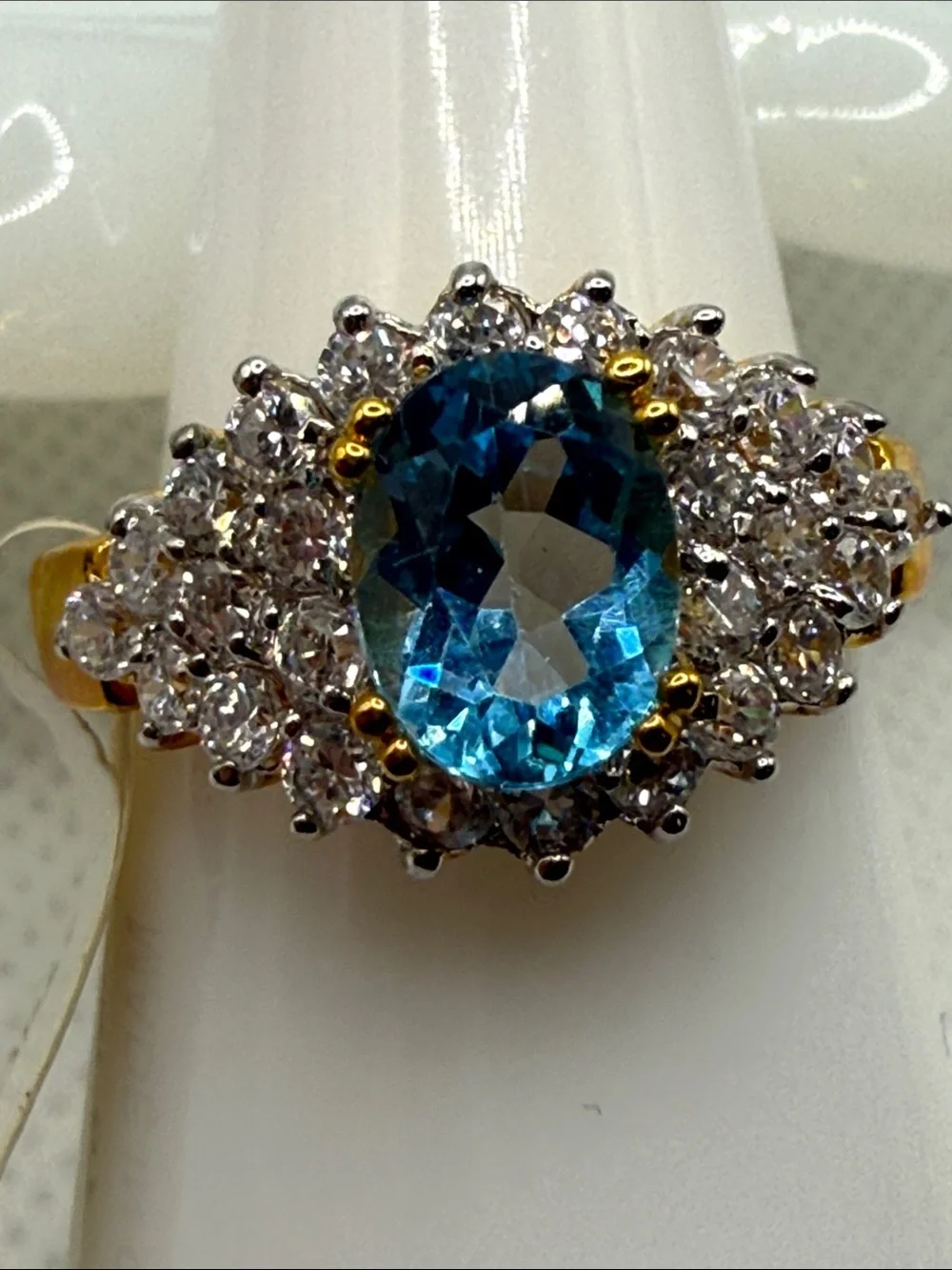 Vintage Blue Topaz Halo Cocktail Ring with Clear Accent CZ Stones plated piece